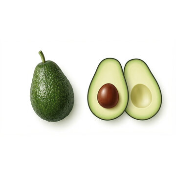 Fresh organic avocado illustration featuring a whole avocado next to halved avocado slices revealing the pit, isolated on a clean white background. Perfect for healthy eating, diet plans.