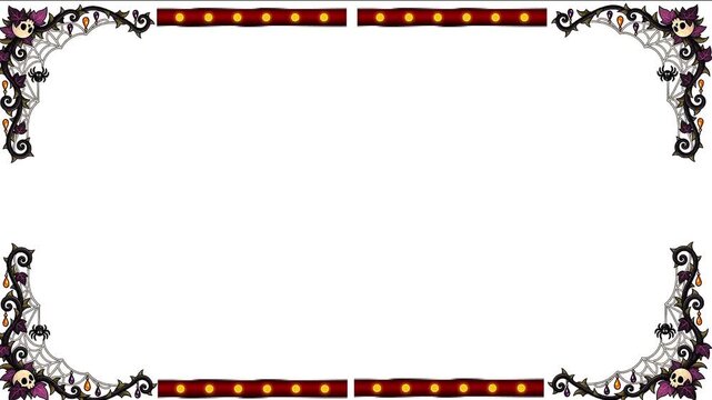 Halloween Frame Overlay with Glowing Marquee Lights and Spooky Spider Web Border for Party Video Title