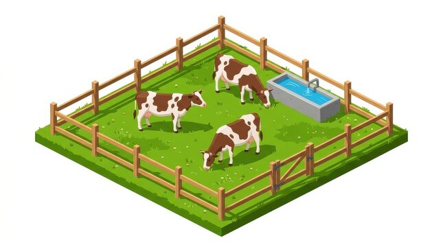 Isometric Vector Illustration of Dairy Cows Grazing in a Fenced Green Pasture with Water Trough