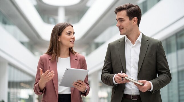 Two business professionals, a man and a woman, walk and converse in a bright, modern office building hallway, discussing work with a tablet and notebook.
