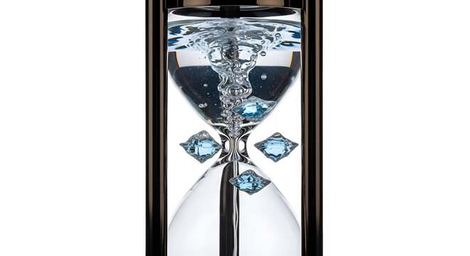 Elegant hourglass filled with swirling water and sparkling diamonds representing the concept of precious time and luxury wealth in a studio setting