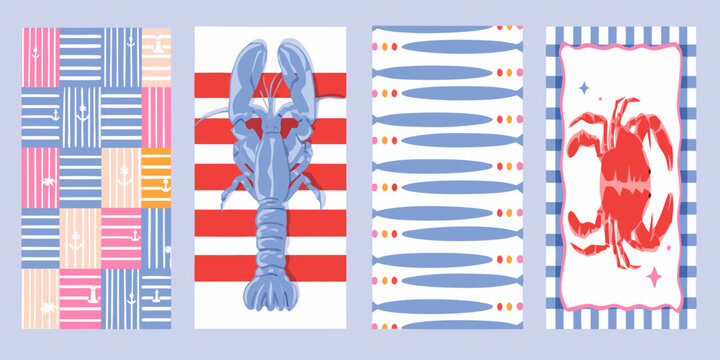 Nautical pattern featuring lobster crab and seaside elements in a vector illustration