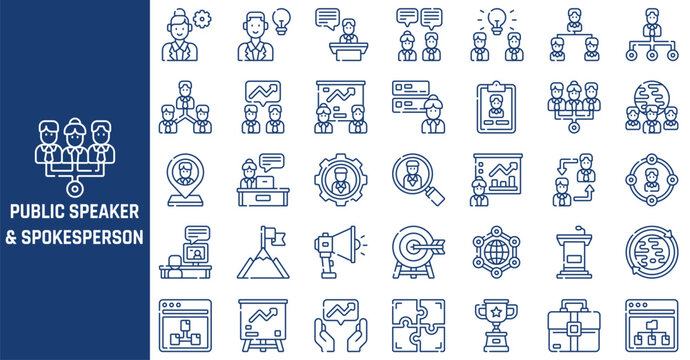 Professional business icon set featuring public speaker and spokesperson corporate symbols