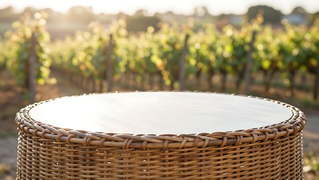A round woven wicker table offers a natural surface in a sunny vineyard.
