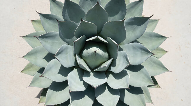 Top view overhead flat lay of green succulent agave americana plant leaves with sharp tips and natural geometry