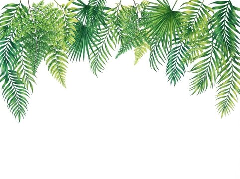 Tropical palm leaves and fern foliage border isolated on white background