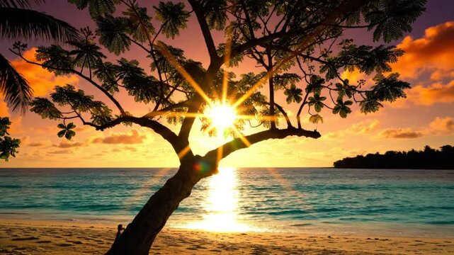 Scenic coastal sunset view with a silhouette of a tree and the sun&acirc;&euro;TMs rays reflecting on the ocean's surface with colorful clouds.