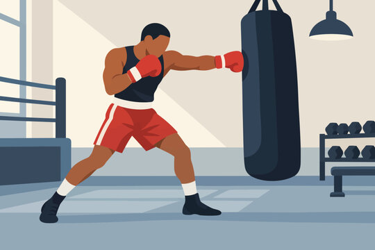 Man training boxing with punching bag in gym.