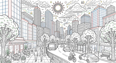 Obraz premium Modern City Coloring Page With Vibrant Accents for Creative Printable Design