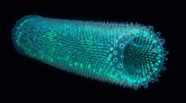 Pyrosoma Atlanticum Colonial Tunicate Glowing Emerald in Abyssal Ocean Void with Translucent Zooid Cylinder Tube for Marine Biology Science Research Deep Sea Biodiversity Media Banner and Backdrop