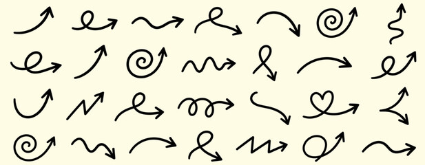 Obraz premium Hand drawn curvy arrow set with squiggly doodle pointers, black scribble direction symbols, looping lines, zigzag arrows and sketch navigation marks vector illustration