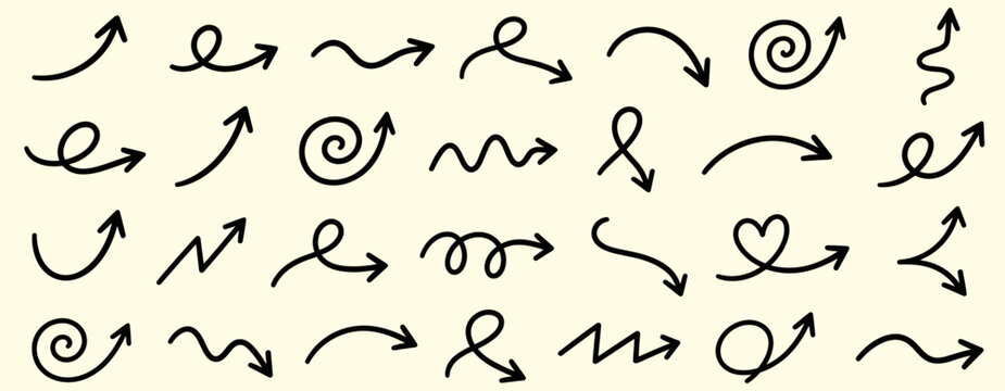 Hand drawn curvy arrow set with squiggly doodle pointers, black scribble direction symbols, looping lines, zigzag arrows and sketch navigation marks vector illustration