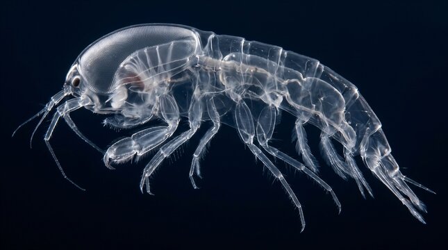 Hyper Transparent Amphipod Cystisoma Crustacean with Giant Optical Eyes in Abyssal Ocean Void with Clear Glass Body for Biomimicry Camouflage Optics Marine Biology Science Research and Banner