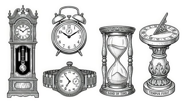 Vintage timepieces vector set, antique clock and watch collection, engraved hourglass and sundial line art illustrations