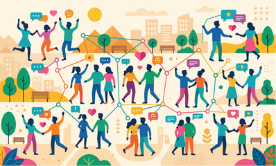 Fototapeta premium Connected People Network in Urban City Park with Chat Bubbles and Social Nodes