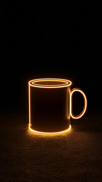 Minimalist glowing neon mug on dark rooftop with golden ratio composition cyberpunk