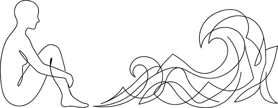 Minimalist continuous line art of person sitting by ocean waves, abstract human silhouette watching sea surf, meditative coastal landscape vector