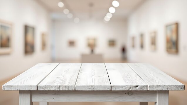 A rustic white wooden table provides a clean surface in an art gallery.
