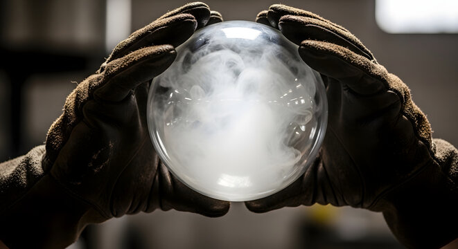 Gloved hands holding a transparent glass sphere filled with dense white smoke and gas in a scientific laboratory