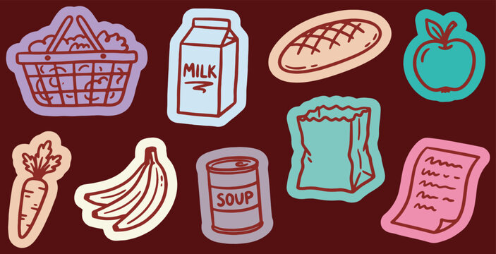 A collection of hand-drawn grocery items and a shopping list, presented as stickers on a dark background.