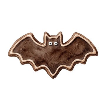 Watercolor bat shaped cookie with icing on a black background halloween treat illustration