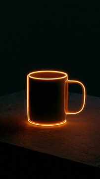 Minimalist glowing neon mug on dark rooftop with mysterious eerie drone aerial