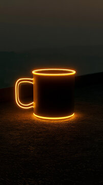 Minimalist glowing neon mug on dark rooftop with golden ratio composition cyberpunk