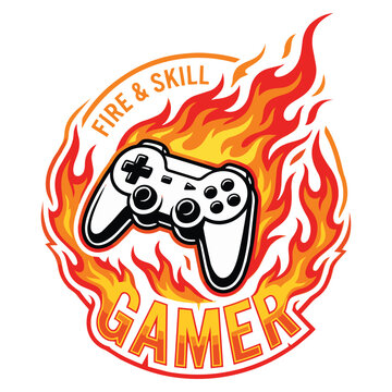 Gamer logo with flaming game controller Fire and Skill