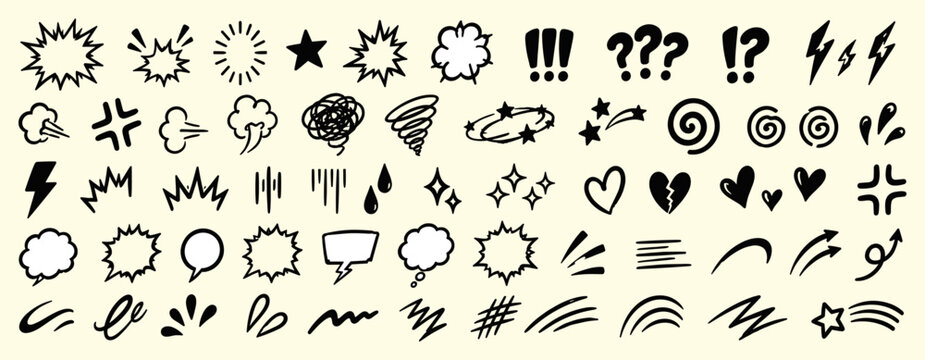 Comic cartoon effect line set with hand drawn manga emotion symbols, angry marks dizzy spirals question signs shock lightning clouds and expressive doodles, vector illustration