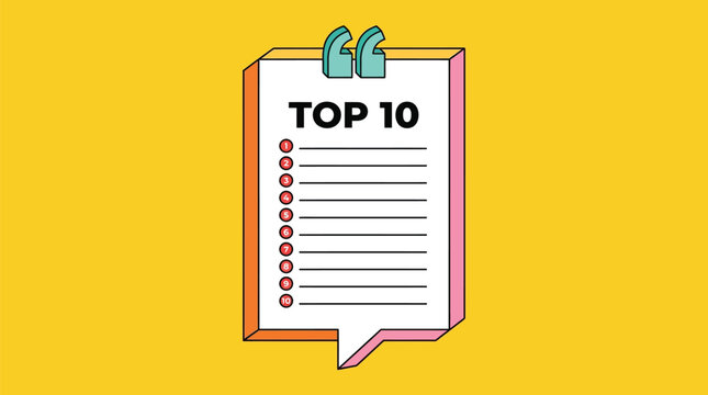 Colorful top ten list vector graphic illustration featuring a speech bubble frame with rounded numbers
