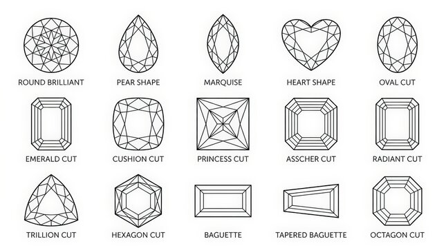 Diamond shapes line art vector collection, gemstone cut guide illustration set, jewelry design icon set
