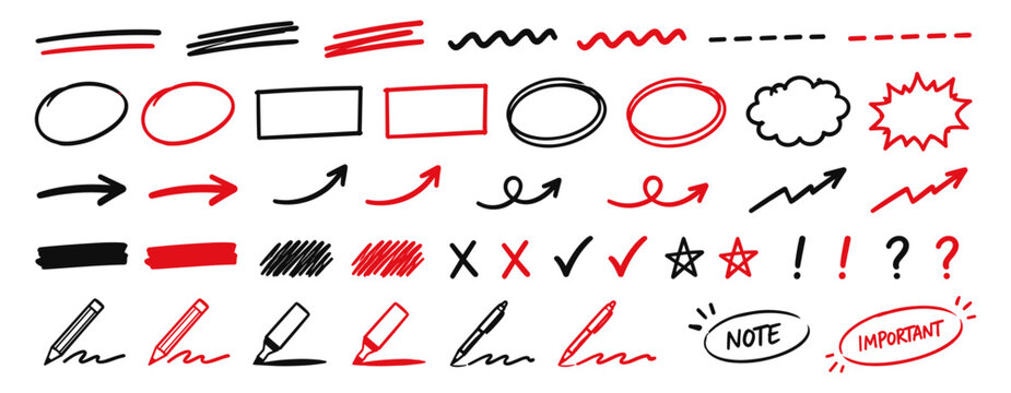 Red pencil brush line set with hand drawn underlines, marker strokes, scribbles, strike through marks and grunge sketch accents for notes and emphasis vector illustration