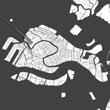 Minimal vector city map of Venice with streets, canals and Venetian Lagoon