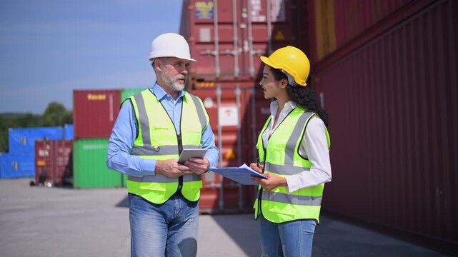 Engineers wearing safety helmets and high visibility clothing discussing logistics and inspecting shipping terminal representing container management freight.