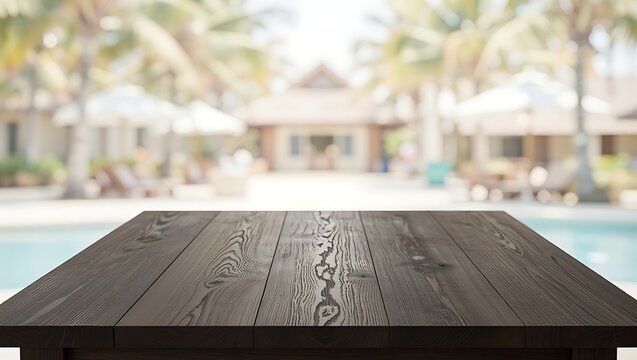 The rustic wooden table presents a serene view of a luxurious tropical pool resort.