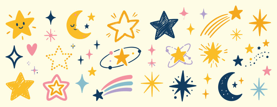 Gold star sticker and sparkle icon set with hand drawn sketch texture, twinkle shapes, moon and space elements, cute magic doodles and vintage collage style vector illustration