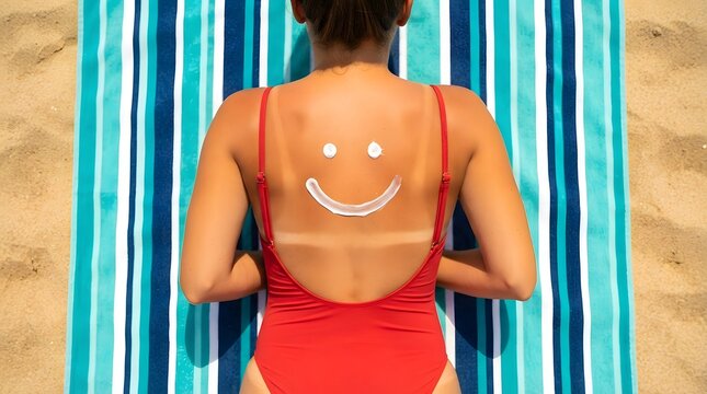 Woman in Red Swimsuit Lying on Striped Beach Towel with Sunscreen Smiley Face Drawn on Tanned Back, Sun Protection Concept
