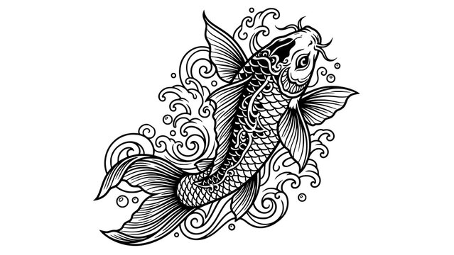Japanese Koi Fish Tattoo Stencil Black White Detailed Vector Line Art