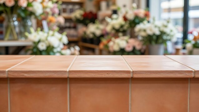The warm terracotta tiled surface is ready for products with a flower shop background.