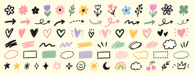 Obraz premium Organic doodle brush shape collection with hand drawn arrows, flowers, hearts, crayon strokes, check marks, scribbles and playful notebook decoration elements vector illustration