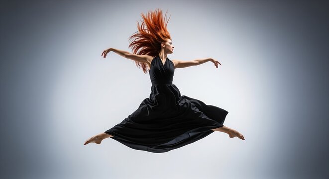A young woman with flowing red hair jumps energetically in a black dress against a neutral background. Her arms spread wide, body mid-leap, conveying joy, freedom and positive energy.