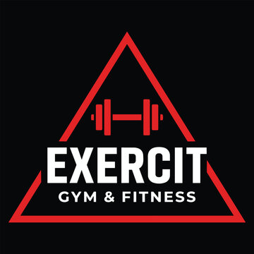 Fitness gym logo with barbell inside red triangle frame