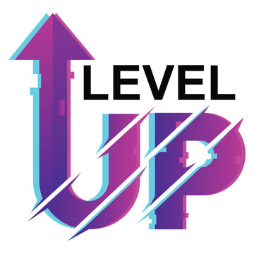 Glitch art typography Level Up in purple and blue colors