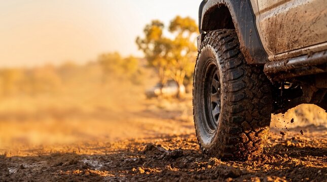 Close-up of a heavy-duty off-road vehicle tire caked in mud during an adventurous drive in the outback