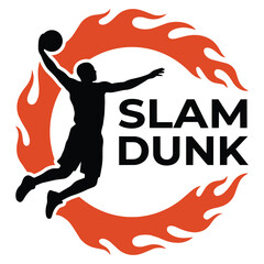 Basketball slam dunk logo with player silhouette and flames © Pixel Pulse