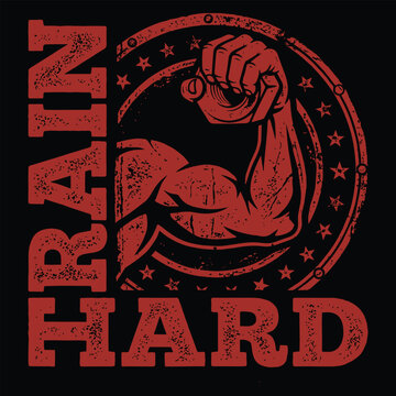 Vintage gym stamp badge Train Hard with flexed biceps
