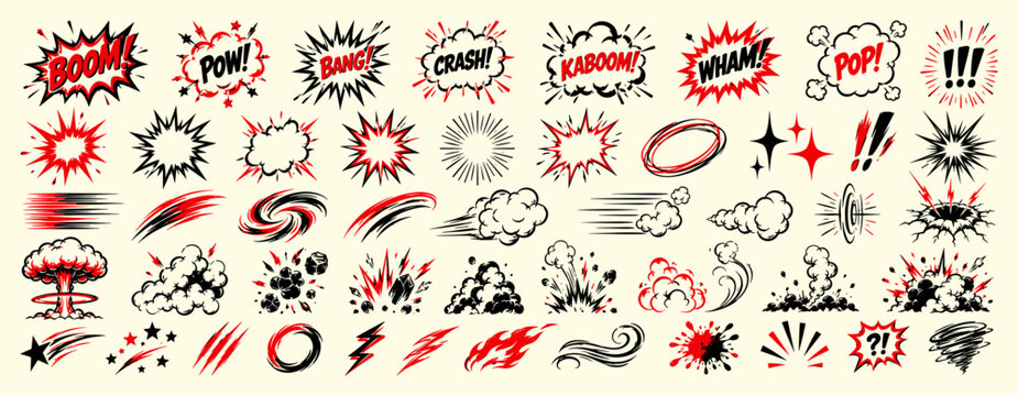 Cartoon comic burst effect collection with hand drawn explosion clouds, speed lines, boom flashes, impact shapes and dynamic action elements for energetic designs. Vector illustration