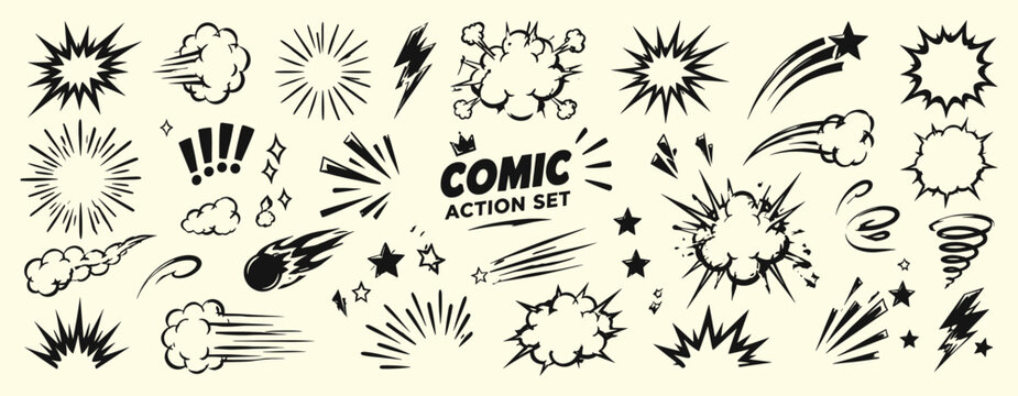Speed line cartoon effect set with comic boom bursts, explosive clouds, motion streaks, impact flashes and hand drawn action elements for dynamic scenes. Vector illustration