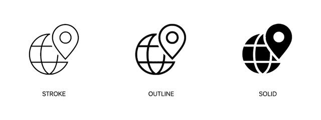 Global location pin icon set in stroke outline and solid styles © Riyad
