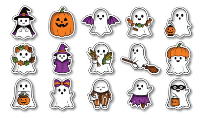 Fototapeta premium A delightful collection of halloween stickers featuring ghosts pumpkins witches and other spooky characters for festive decorations and crafting projects